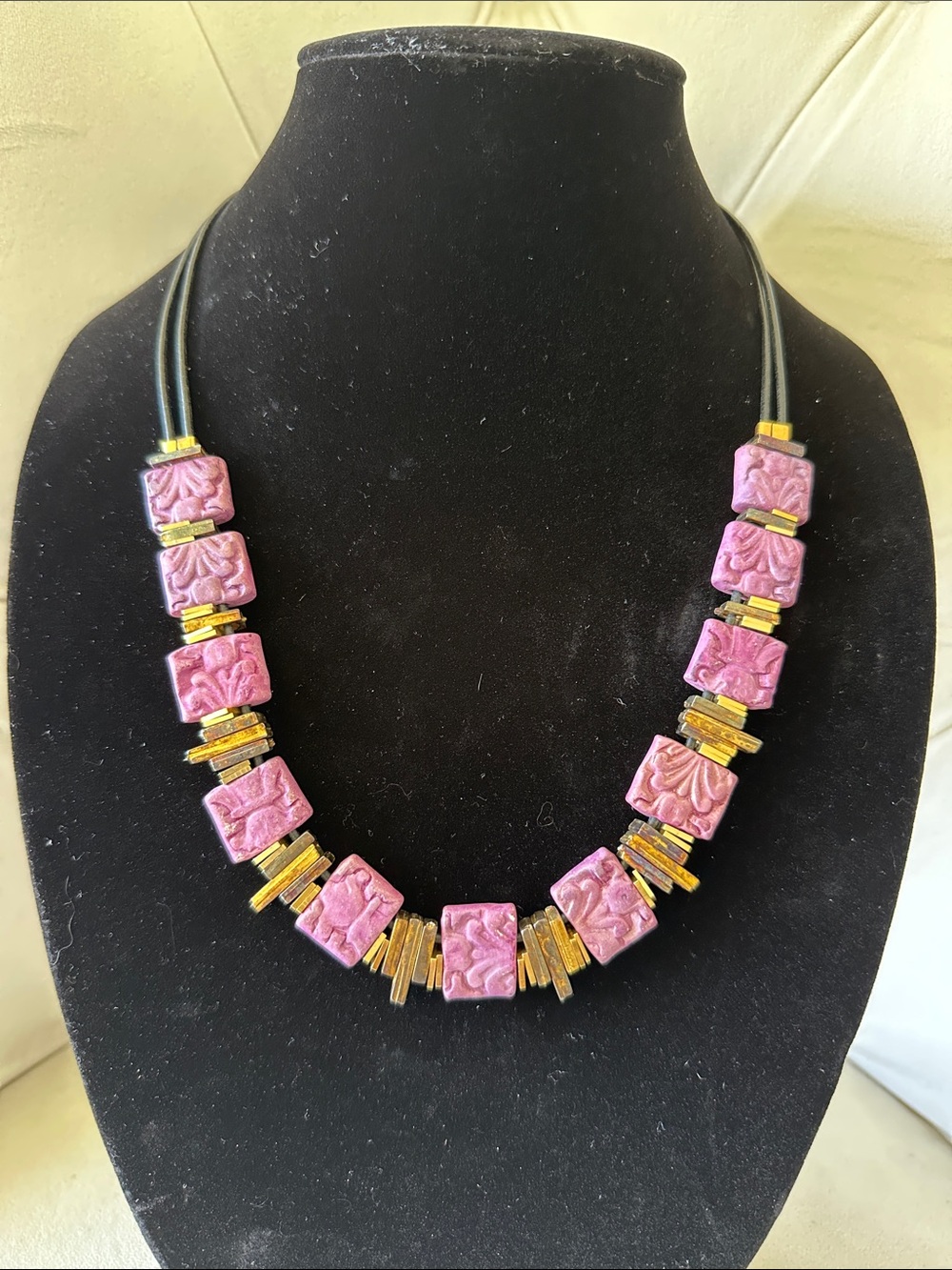 Purple Carved Square Bead Necklace with Gold Accent Spacers - Women Jewelry
